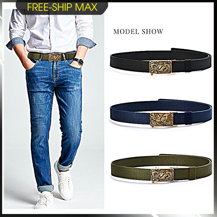 Thắt lưng nam chất liệu vải dù PE-Size 3.5 x 115cm dày 0.25 cm - Khóa kim vàng hình rồng - đại bàng - phong cách độc đáo