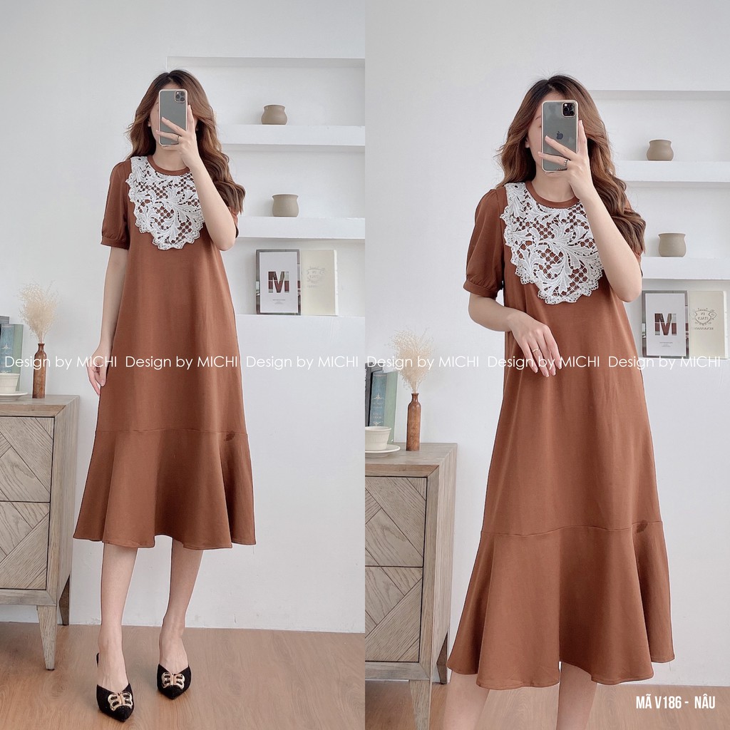 Đầm thun cotton suông đuôi cá dáng dài cổ ren ngắn tay form xuông rộng freesize V186 Michi House