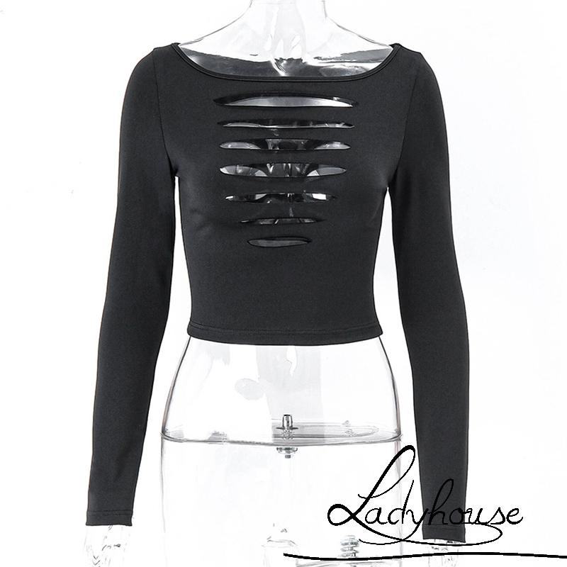 Áo Thun Crop Top Tay Dài Cổ Thuyền Màu Trơn Ôm Dáng Khoét Lỗ Dành Cho Nữ Đi Tiệc Câu Lạc Bộ