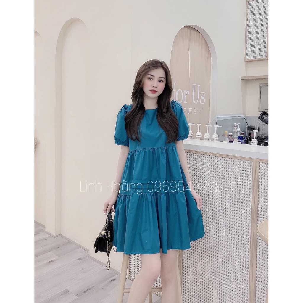 Váy babydoll, Váy xuông đầm tiểu thư phom rộng nhún tầng điệu đà, váy thiết kế đủ size, hàng đẹp màu xanh đẹp mắt