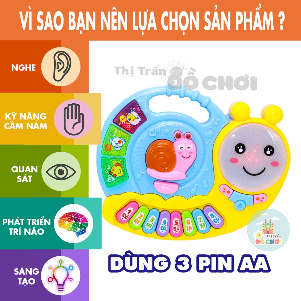 Đồ chơi cho bé - Đàn piano, organ cho bé trai hình chú ốc sên màu xanh dùng pin 3021- Thị trấn đồ chơi