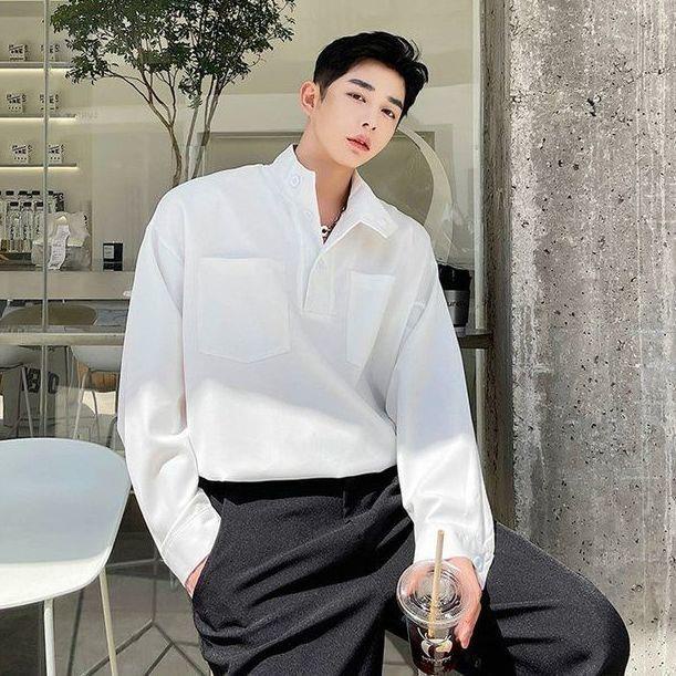 Áo sơ mi tay dài cổ cao thời trang thanh lịch cho nam