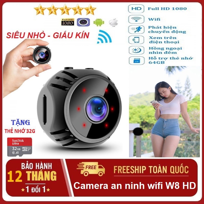 Camera wifi chống trộm an ninh W8 FullHD 1080P xem từ xa trên điện thoại, có hồng ngoại quay ban đêm
