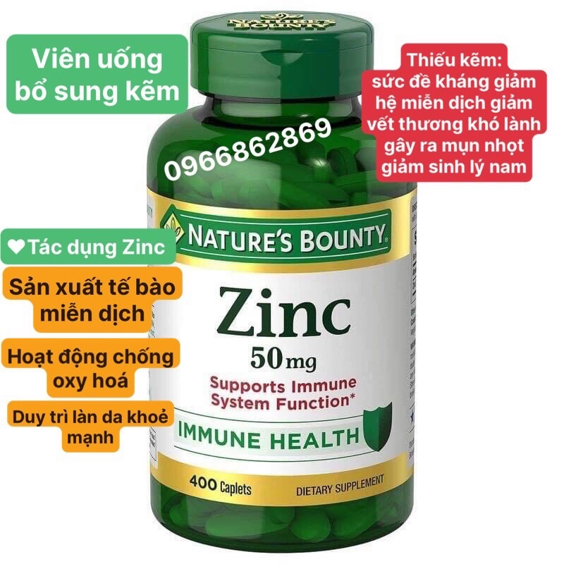 Viên uống bổ sung kẽm Zinc 50mg Nature's Bounty 400 viên( Hàng mơi Date xa 04/2025)