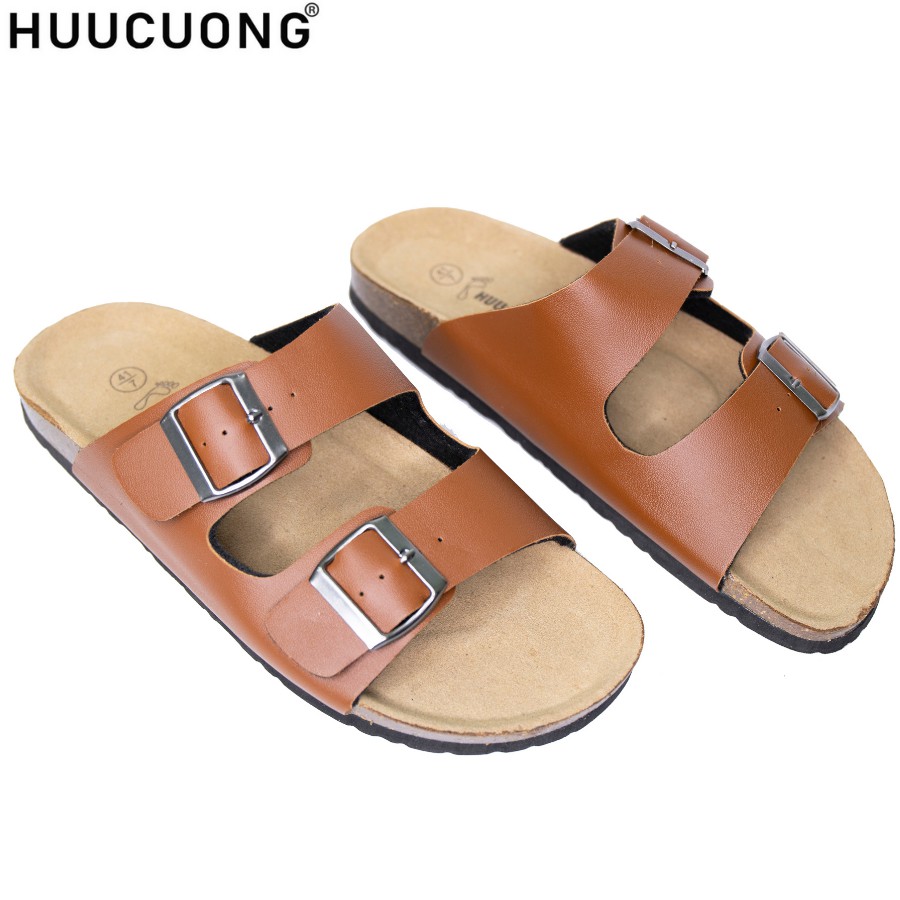 Dép unisex HuuCuong 2 pu nâu đế trấu handmade