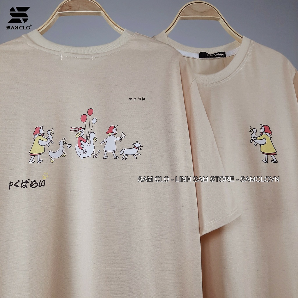 Áo thun tay lỡ nữ freesize phông form rộng Unisex, mặc cặp, nhóm, lớp in hình CÔ GÁI ÔM CON VỊT màu nude sữa