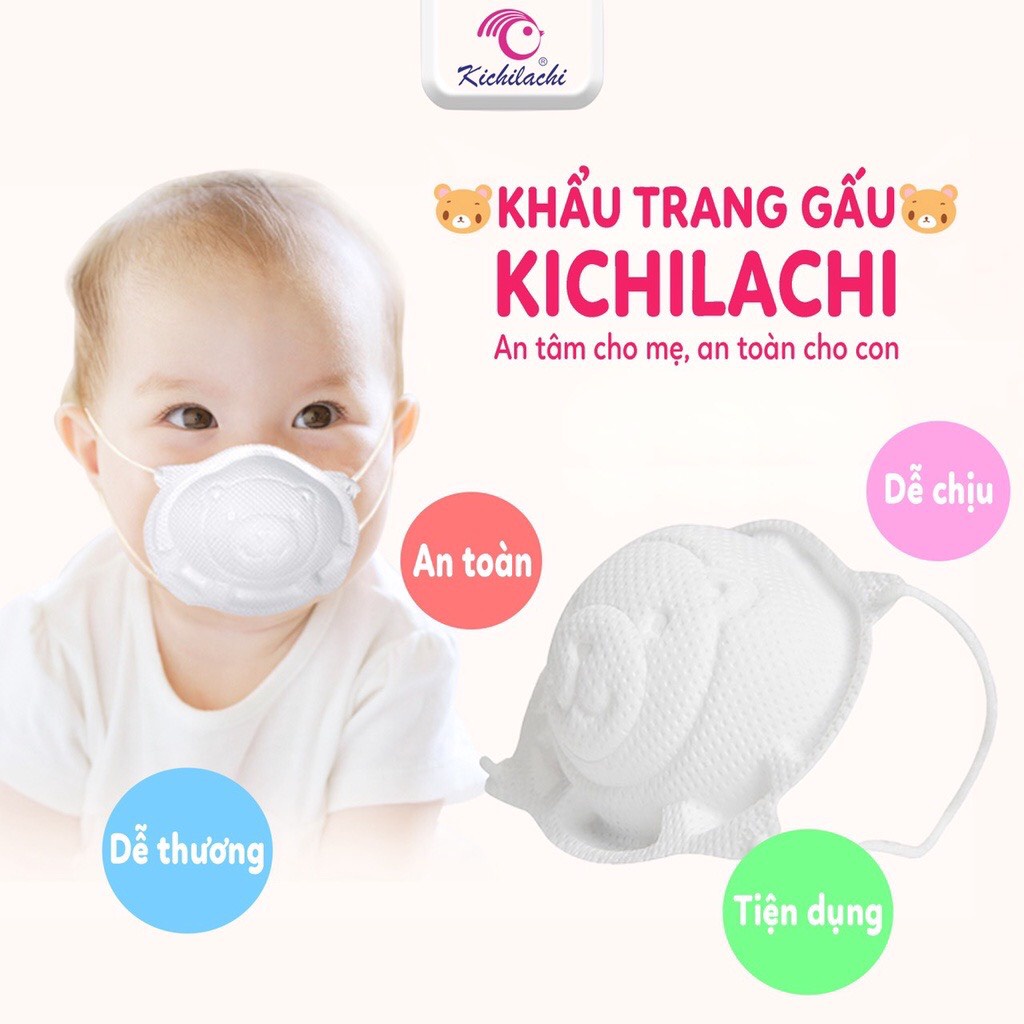 Khẩu trang gấu trắng Kichilachi HÀNG CHÍNH HÃNG cho bé (túi 3 chiếc)