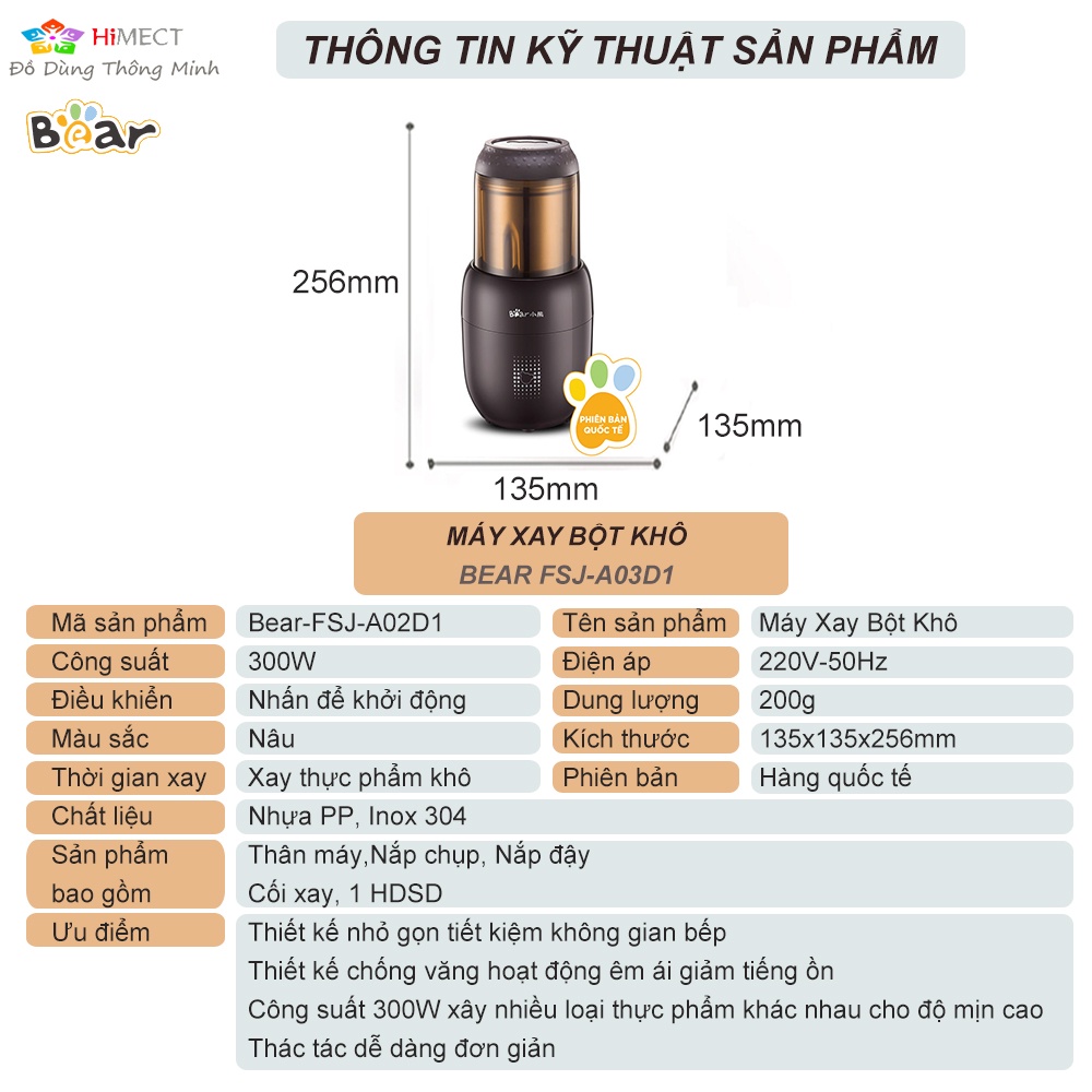 Máy Xay Nghiền Hạt, Thực Phẩm Khô, Cà Phê, Ngũ Cốc, Thuốc Bắc Đa Năng Siêu Mịn Bear FSJ-A03D1