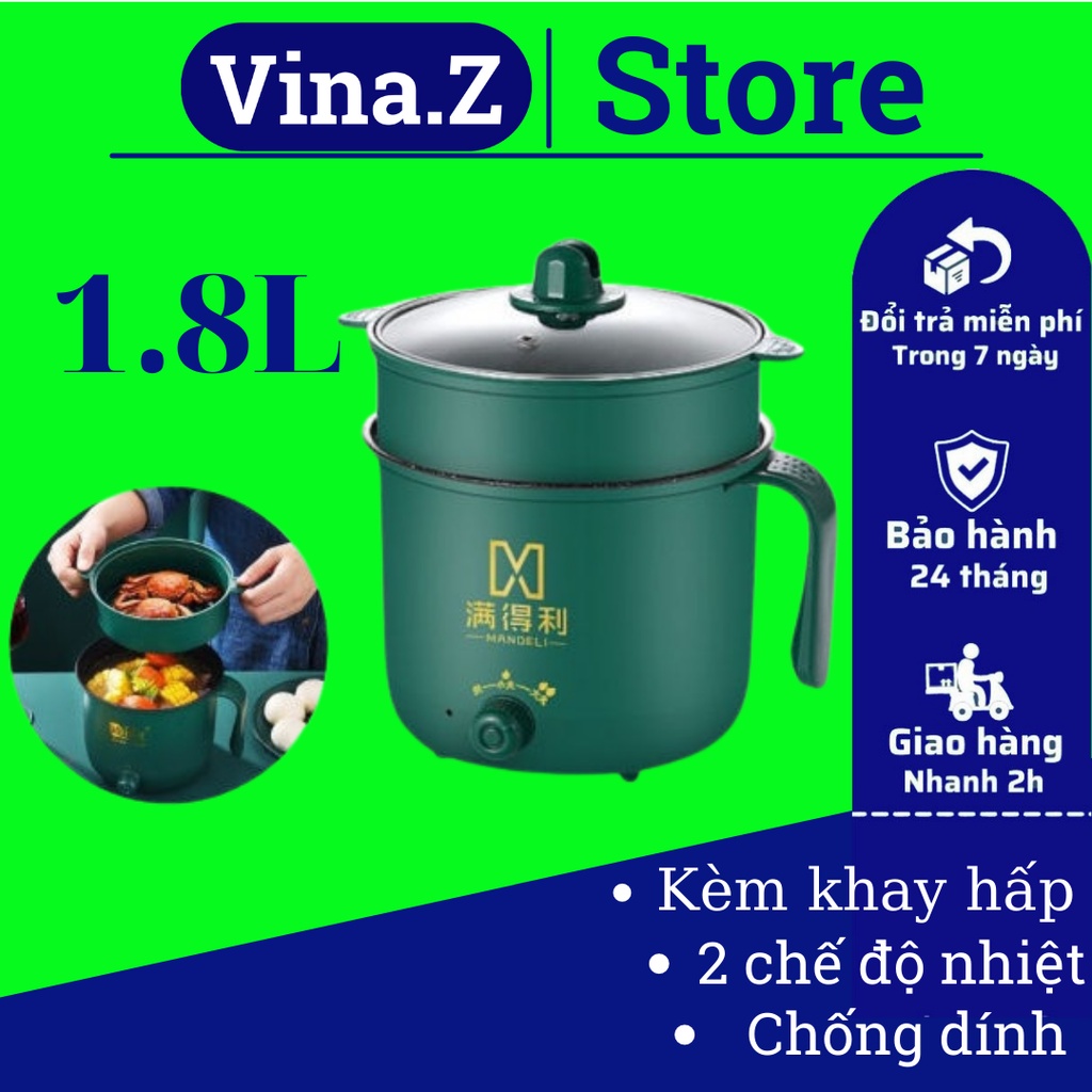 Nồi Lẩu Mini Cầm Tay, Nồi Nấu Cơm, Nấu Mì Đa Năng 1,8L Kèm Giá Hấp Tiện Lợi