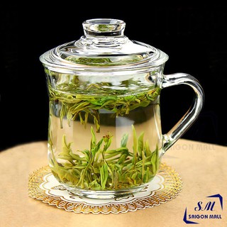 Ly thủy tinh quai cầm bầu lùn có nắp thủy tinh cao cấp - Ly tách thủy tinh dày chịu nhiệt EZ1013