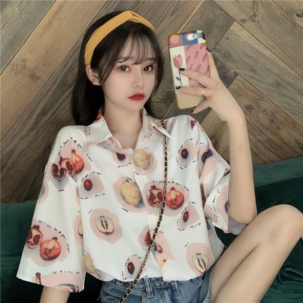 Áo Sơ Mi Nữ Tay Ngắn Form Rộng In Họa Tiết Trái Cây
