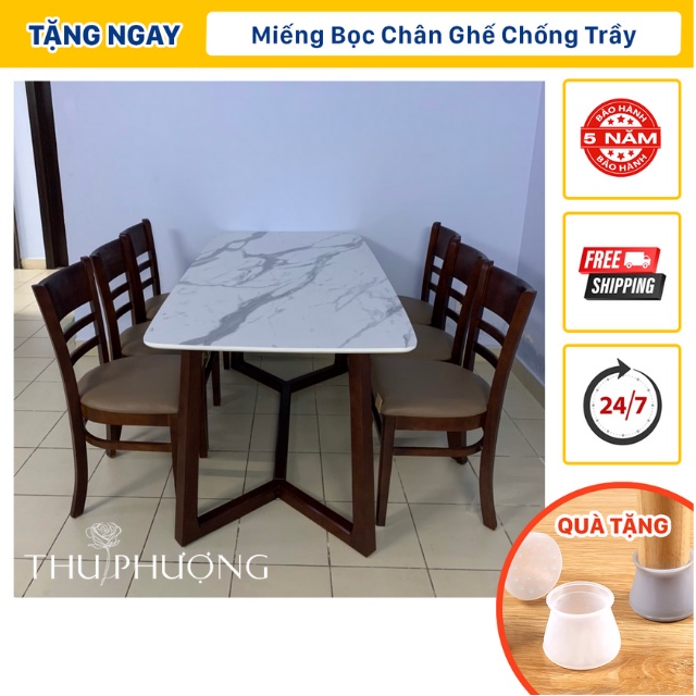 Bộ bàn ăn Cabin giả đá, bàn gỗ 1m6 + 6 ghế, bộ bàn ghế gỗ gia đình - Thu Phượng House