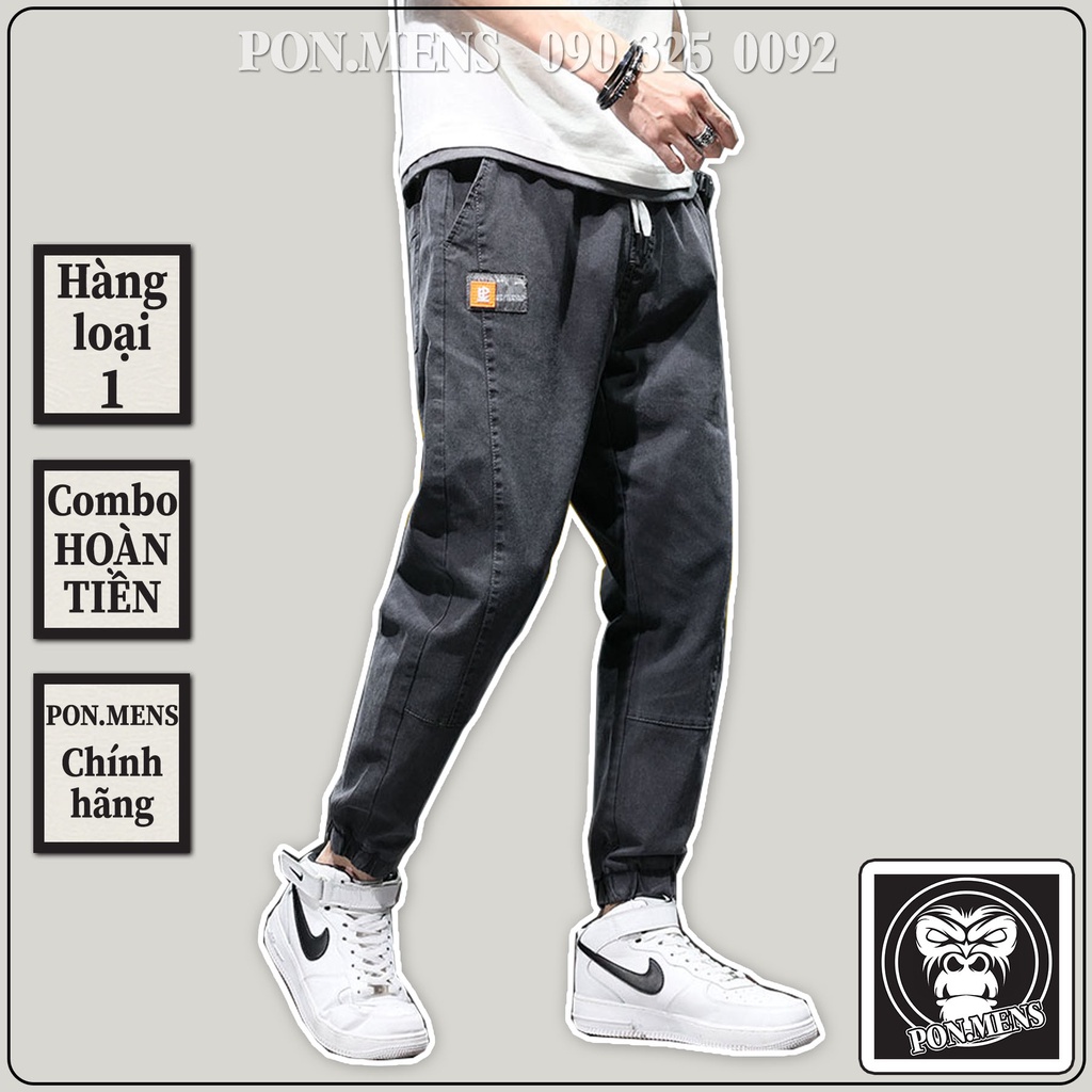 Quần Jeans Jogger nam màu đen logo thêu bó gấu lưng chun 745w 2021 pon.mens