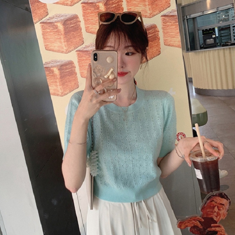 Brroa Áo Sweater Dệt Kim Tay Ngắn Phồng Màu Trơn Viền Gân Khoét Rỗng Mùa Hè Cho Nữ Lig