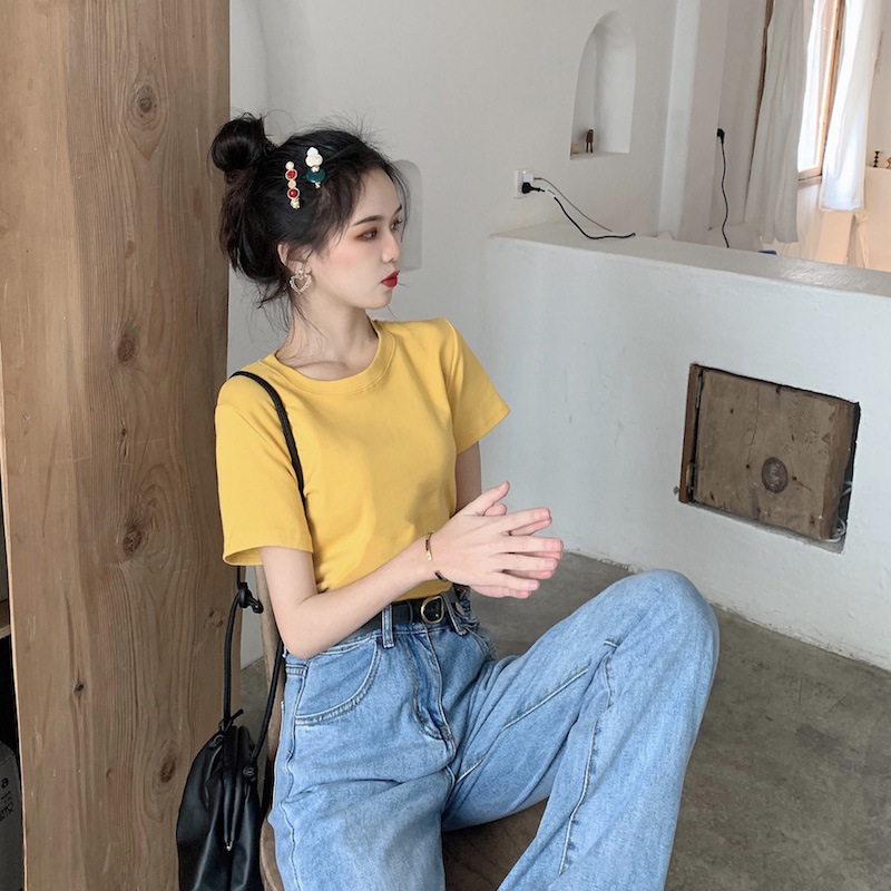 Áo Thun Nữ Cổ Tròn Tay Lửng Dáng Rộng Màu Kẹo Ngọt Phong Cách Hàn Quốc Thời Trang Mùa Hè Mới 2021