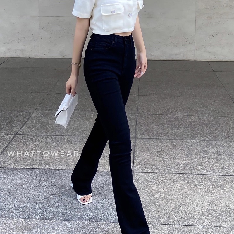 Quần jean loe cạp cao bảng màu pastel nhẹ nhàng