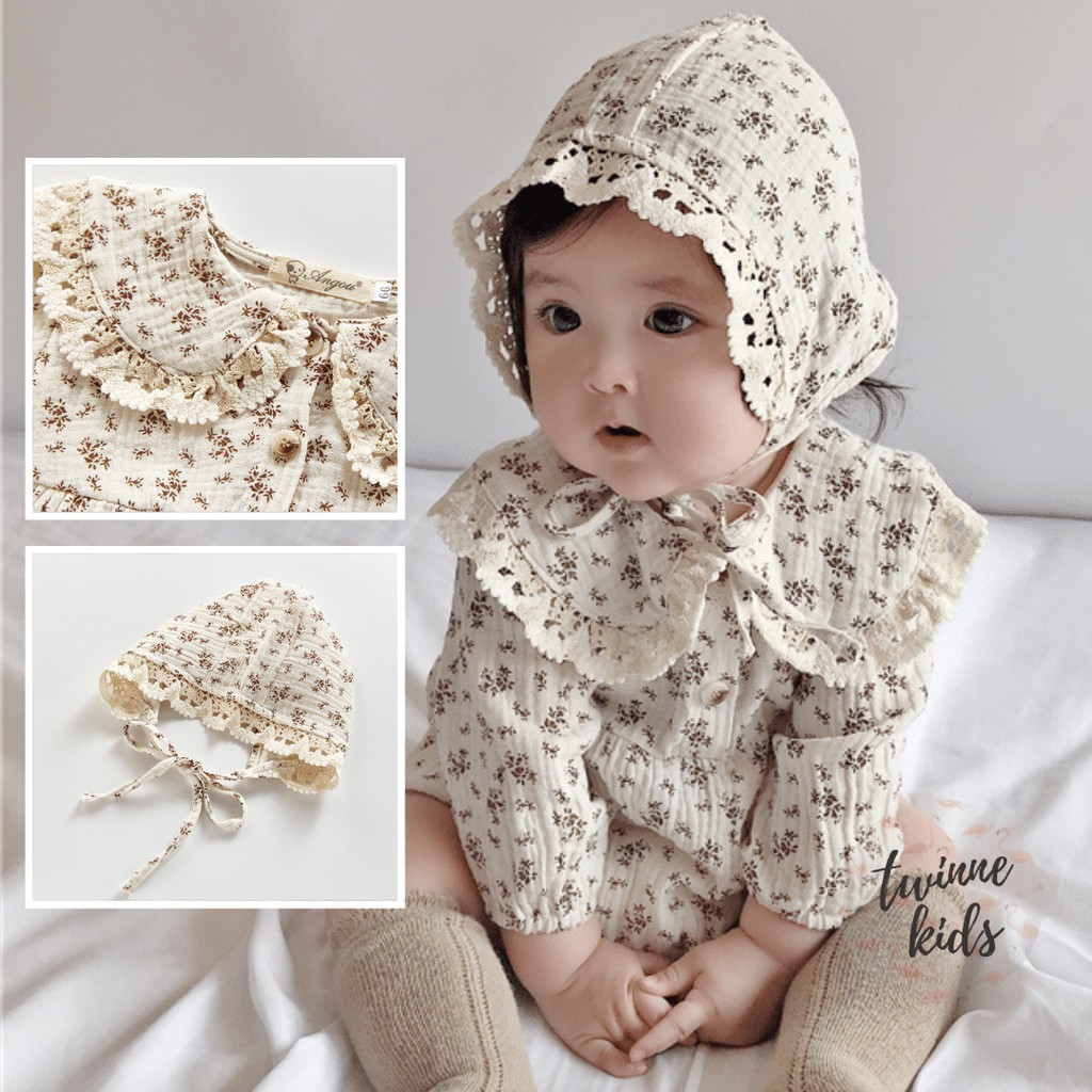 [Little Floral] Bộ đồ liền thân hoa nhí (kèm mũ), romper sơ sinh chất liệu cotton muslin bé gái 3-24 tháng