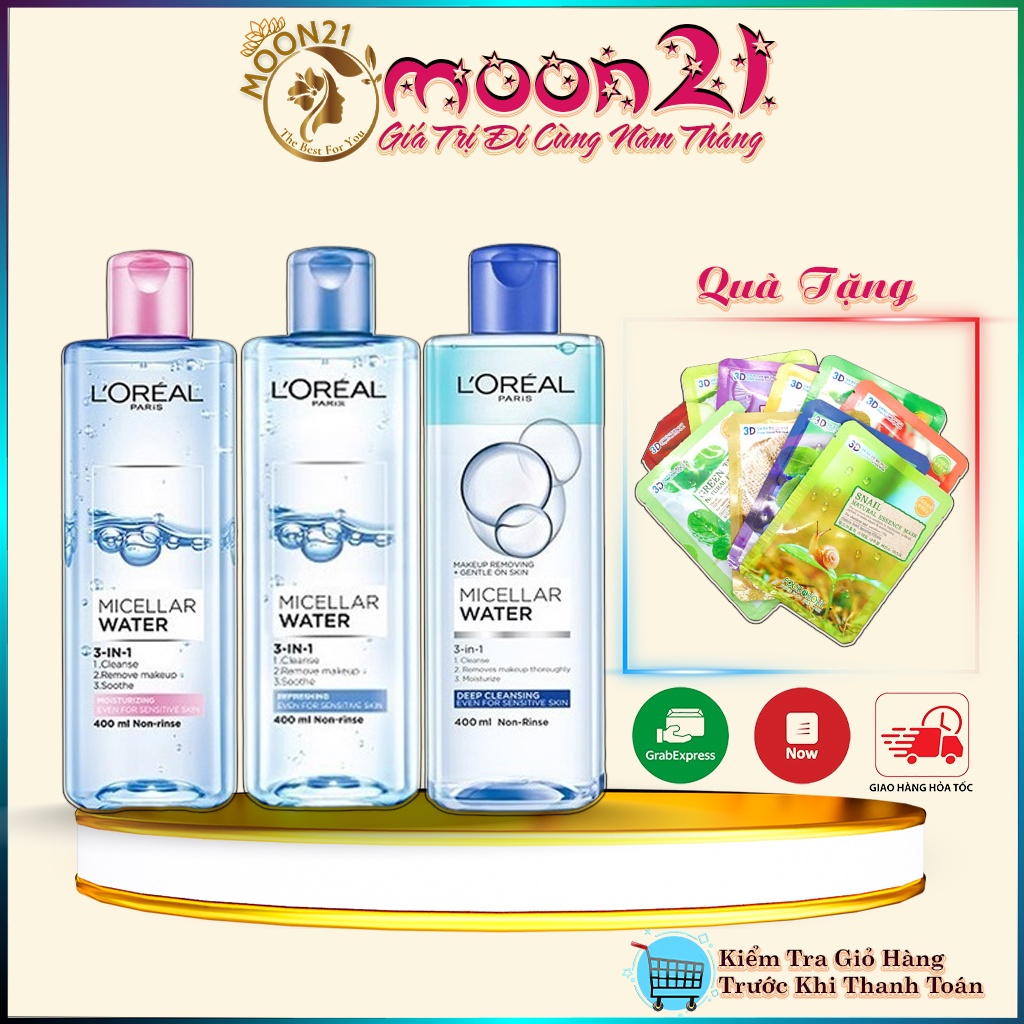 Nước tẩy trang sạch sâu cho da L'Oreal Paris 3-in-1 Micellar Water 400ml Auth Hàn Quốc
