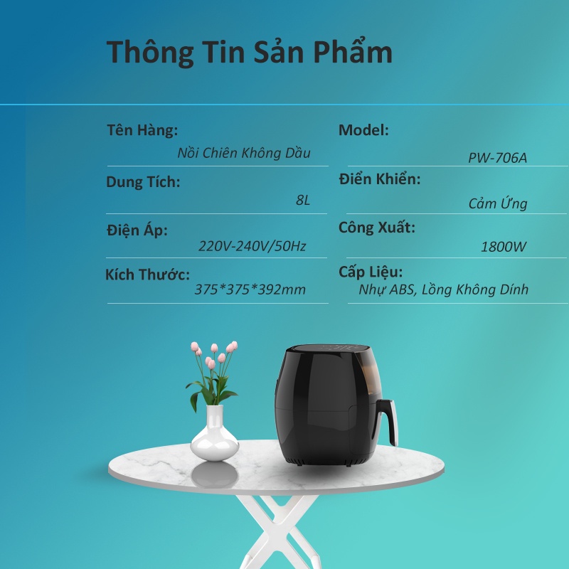 [Hỏa Tốc HCM] Nồi Chiên Không Dầu 8L Cảm Ứng Điện Tử Thương Hiệu mobell Model PW-706A Chính Hãng Bảo Hành 12 Tháng