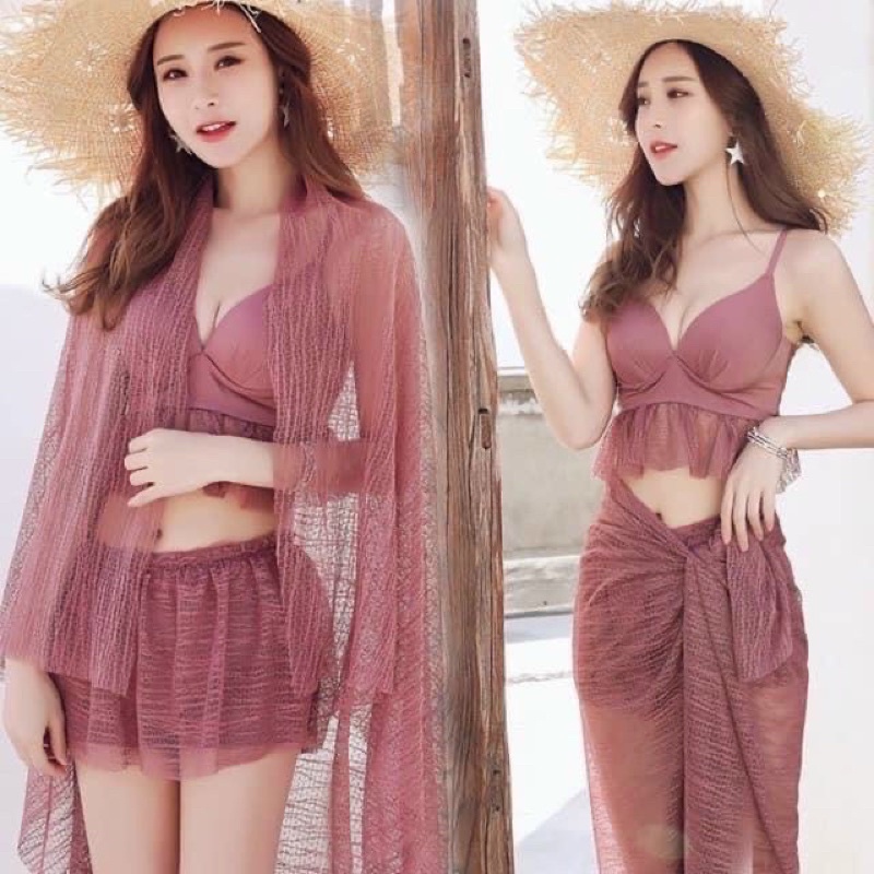 Bộ đồ bơi bikini 3 món kèm khăn voan phong cách Hàn Quốc 8809