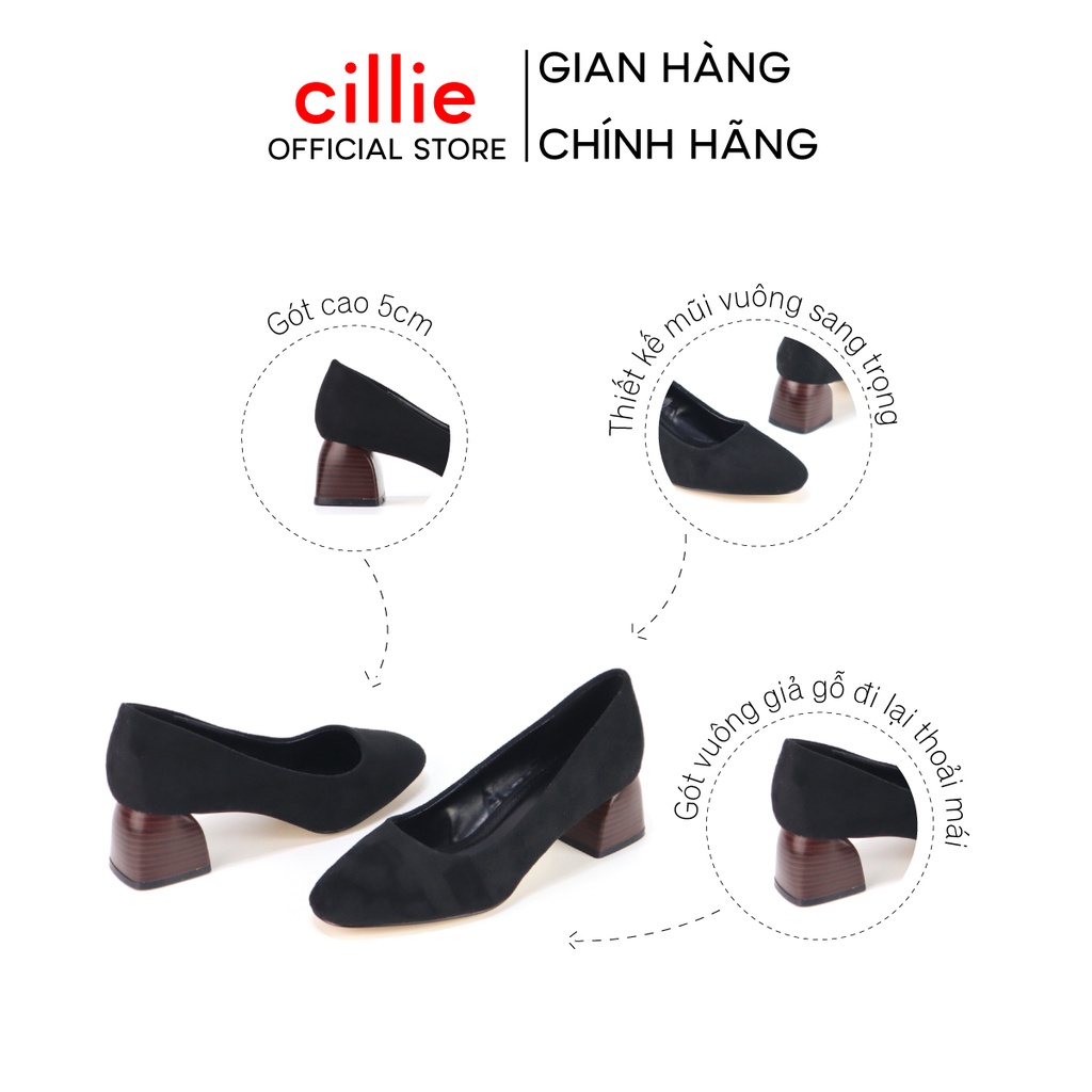 Giày cao gót nữ mũi vuông thời trang da lộn sang chảnh phối gót giả gỗ độc đáo cao 5cm đi làm dạo phố Cillie 1219