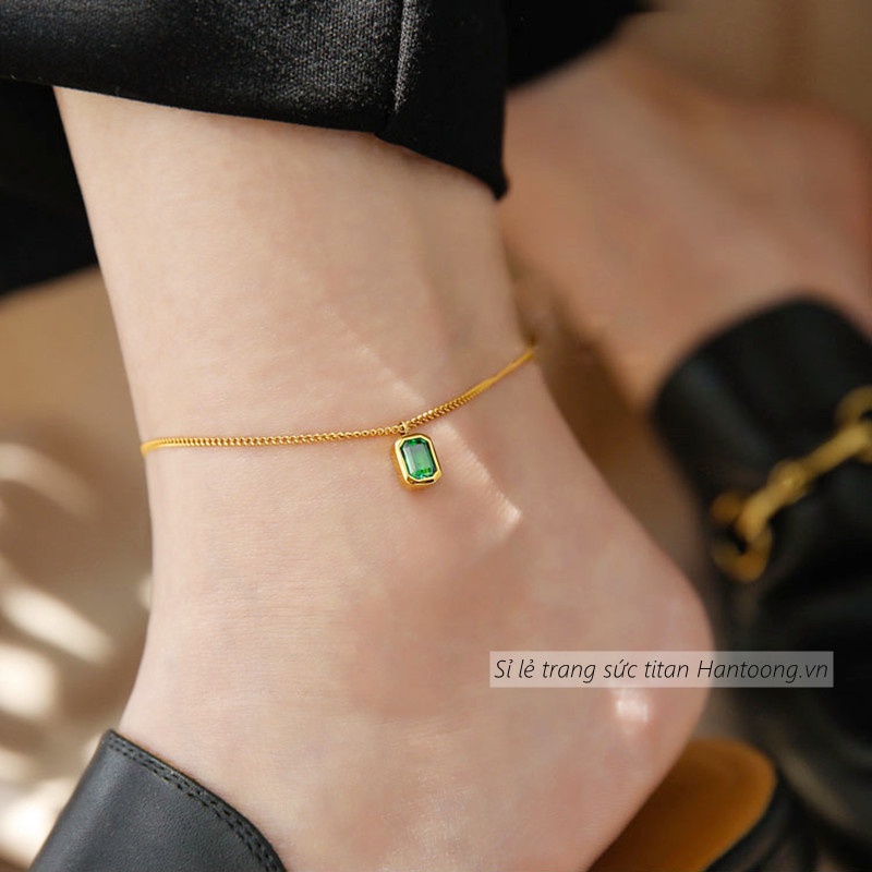 Lắc chân titan nữ không gỉ thiết kế mặt đá xanh lục thời trang cổ điển sang trọng