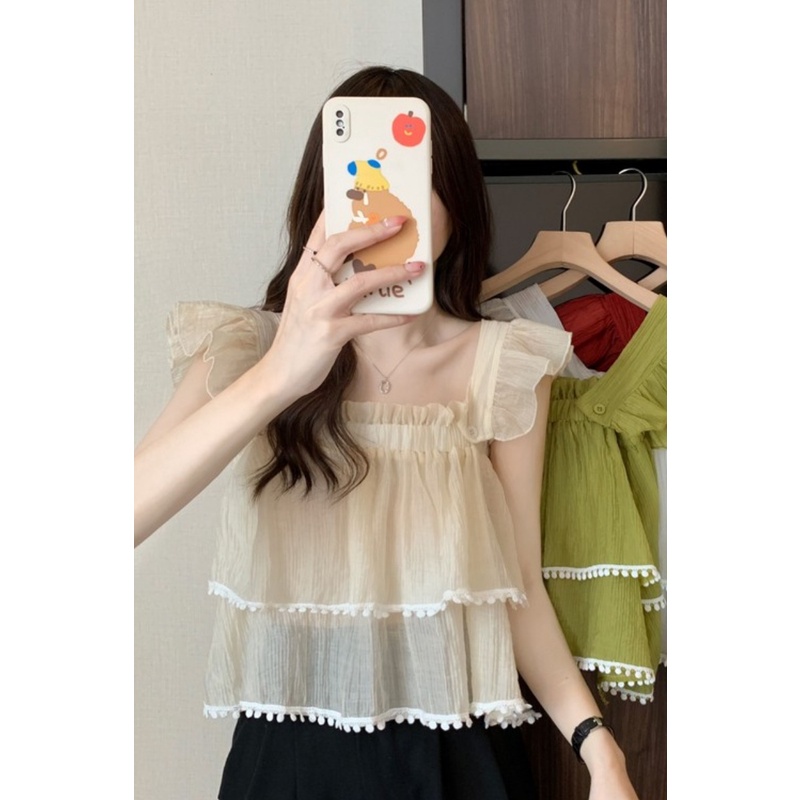 Chiffon Halter Off Shoulder O-neck Tank Tops Sleeveless T-shirt Áo Sơ Mi Tay Ngắn Cổ Vuông Phong Cách Pháp Thời Trang Mùa Hè Xinh Xắn Cho Nữ shoulder strap Vest