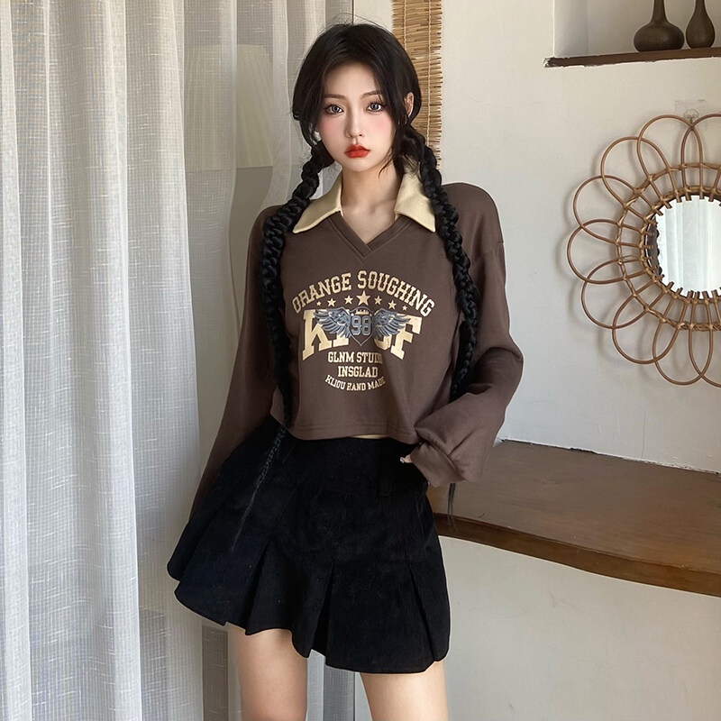 Kliou 2022 Mới vào mùa hè  Áo Thun Crop Top Tay Dài Cổ Chữ V In Chữ Phong Cách Mỹ Thời Trang Mùa Thu Mới Dành Cho Bạn Nữ