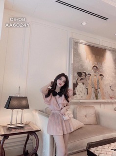 Set aod bèo nơ phối chân váy dập ly chất tuyết lụa