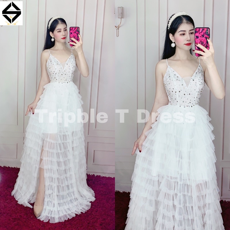 Đầm maxi 2 dây xếp xếp tâng kết kim sa sang trọng xẻ đùi TRIPBLE T DRESS - SIZE M/L - MS268V