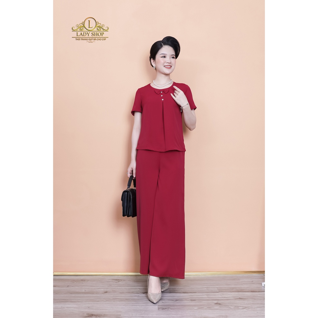 Bộ lụa nhật trơn cổ nơ quần dài Ladyshop thời trang trung niên cao cấp TK895
