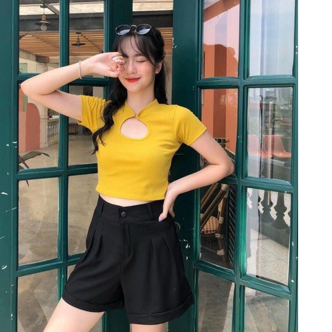Quần sooc nữ, quần đùi nữ gập gấu cạp cao phong cách hàn