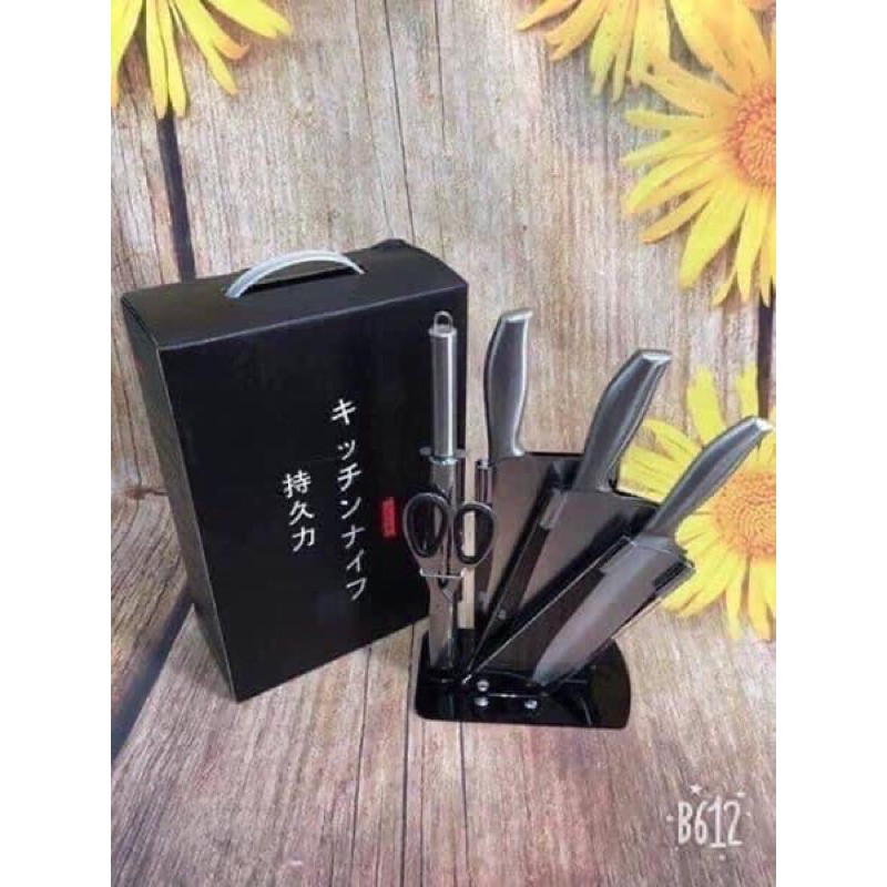 Bộ Dao Nhật 6 Món Inox Nhà Bếp Nguyên Khối Cao Cấp Kèm Khay Đựng