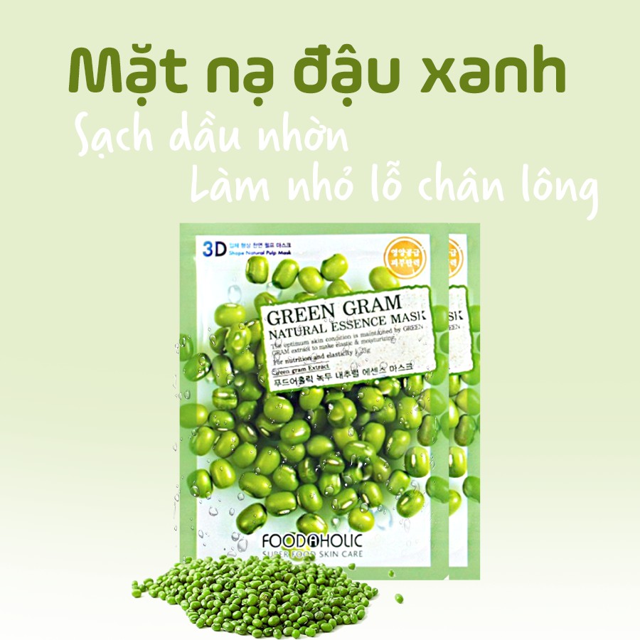 Combo 10 Mặt Nạ Làm Dịu, Dưỡng Trắng Da Chiết Xuất Đậu Xanh 3D Foodaholic Green Gram Natural Essence Mask 23ml x 10