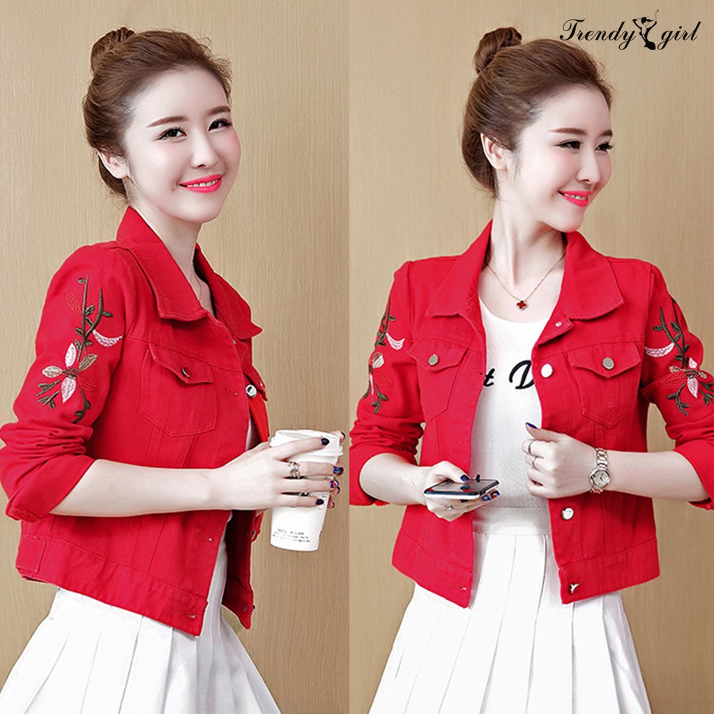 Áo Khoác Jean Nữ Tay Dài Thêu Hoa