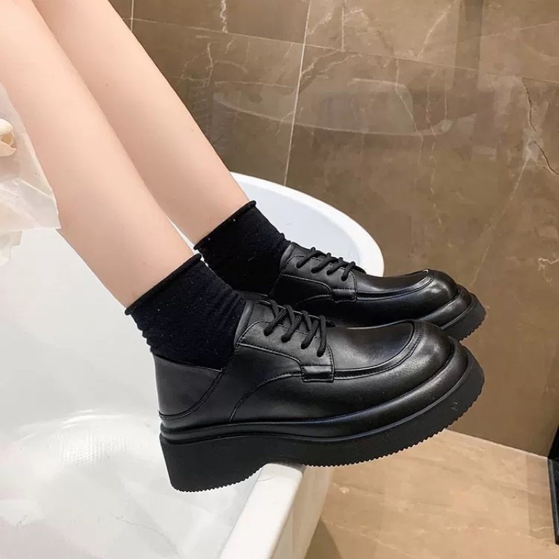 (HÀNG CÓ SẴN) 509 Giày oxford buộc dây da mềm mũi tròn đạp gót 5cm BIG SIZE 40-42