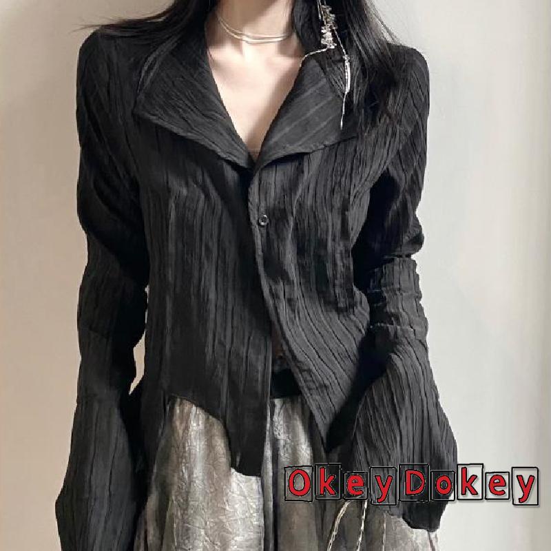 Áo sơ mi dài tay cổ bẻ gài nút màu đen phong cách cổ điển thời trang cho nữ