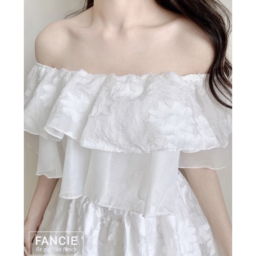 Đầm trắng trễ vai bèo dáng xòe chất voan hoa đầm dự tiệc sang trọng - Faci Dress