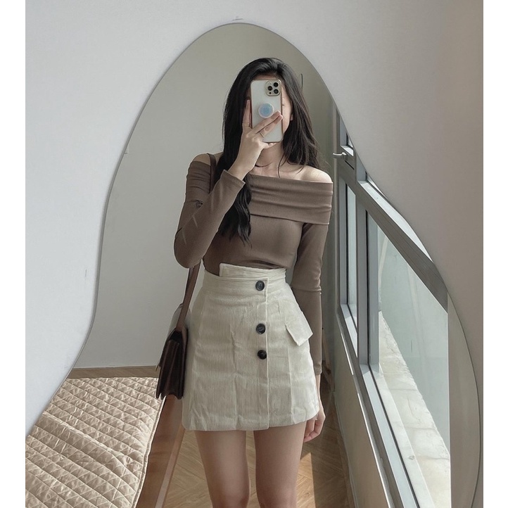 Áo Thun Len Tăm Trễ Vai Dài Tay Nữ Co Giãn Siêu Nữ Tính 3 Màu Ulzzang