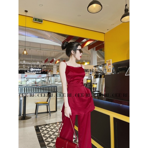 ( ẢNH THẬT - MẪU ĐỘC QUYỀN CEERI ) Set lụa cao cấp gồm áo hở lưng + quần lưng cao ( có mút ngực )