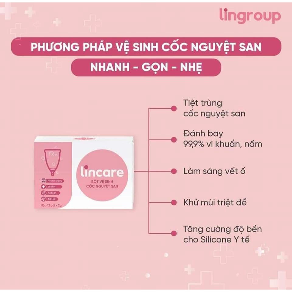 Bột vệ sinh Lincare tiệt trùng Cốc nguyệt san Hộp 12 gói tiện lợi, an toàn, nhanh chóng, gọn nhẹ