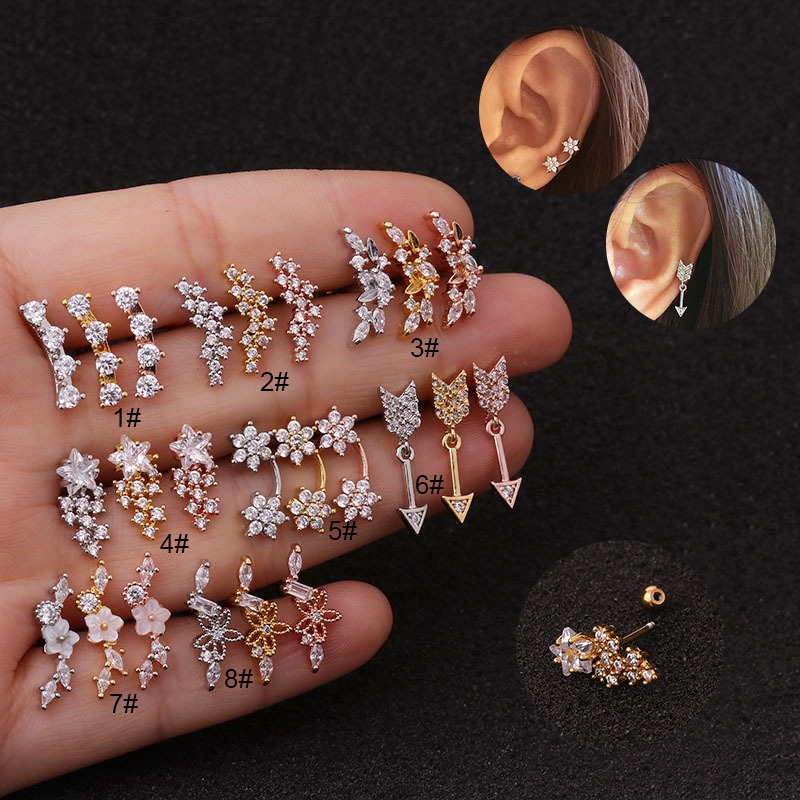 1 Khuyên tai bằng thép không gỉ xỏ sụn tai màu vàng hồng / bạc