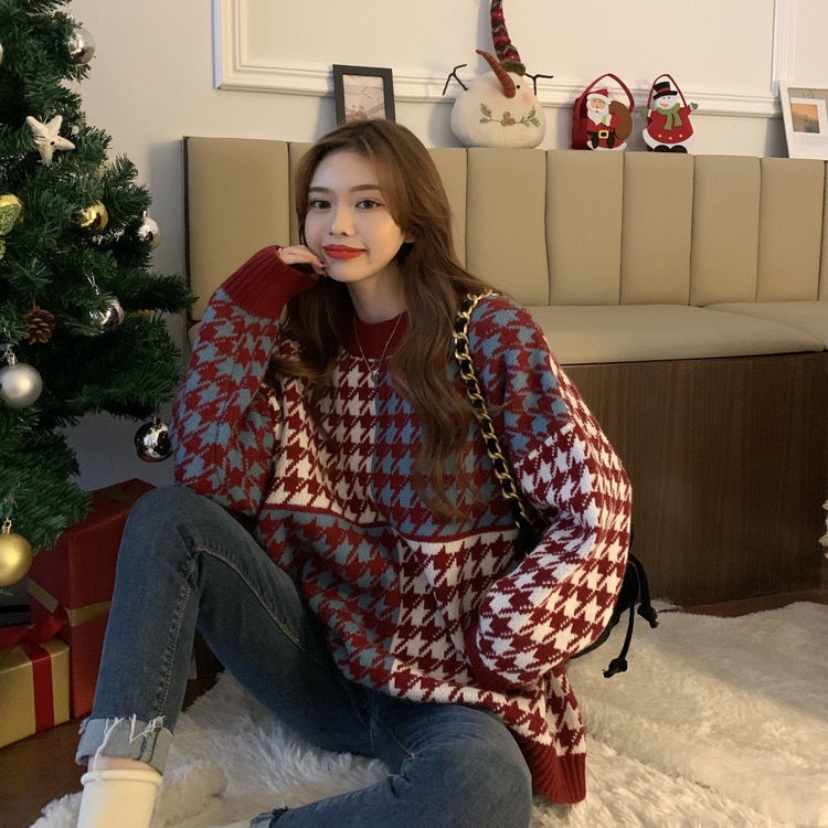 Áo sweater dệt kim dáng rộng họa tiết sọc caro thời trang Hàn Quốc