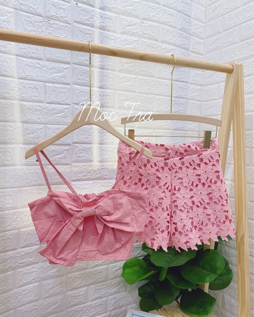 Set Áo Hai Dây Nơ Và Quần Short Ren Hồng Siêu Xinh, Set Bộ Hai Dây Nơ Hồng Cao Cấp