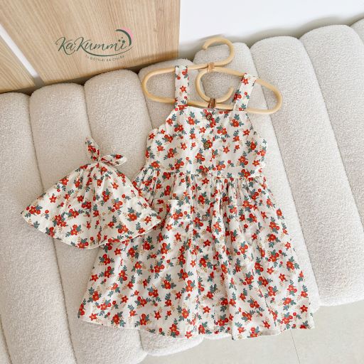 Váy 2 dây bản to  thiết kế dáng vintage TẶNG kèm MŨ chất liệu thô Hàn (KM22-VA213) Kakummi