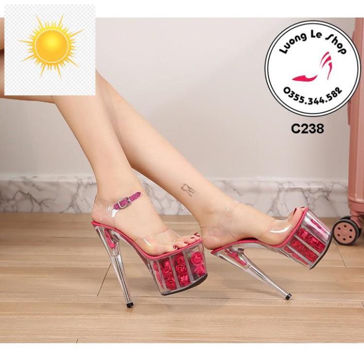 Giày cao gót 18cm gót nhọn quai trong hở mũi đế gắn hoa hồng nhiều màu ms C238