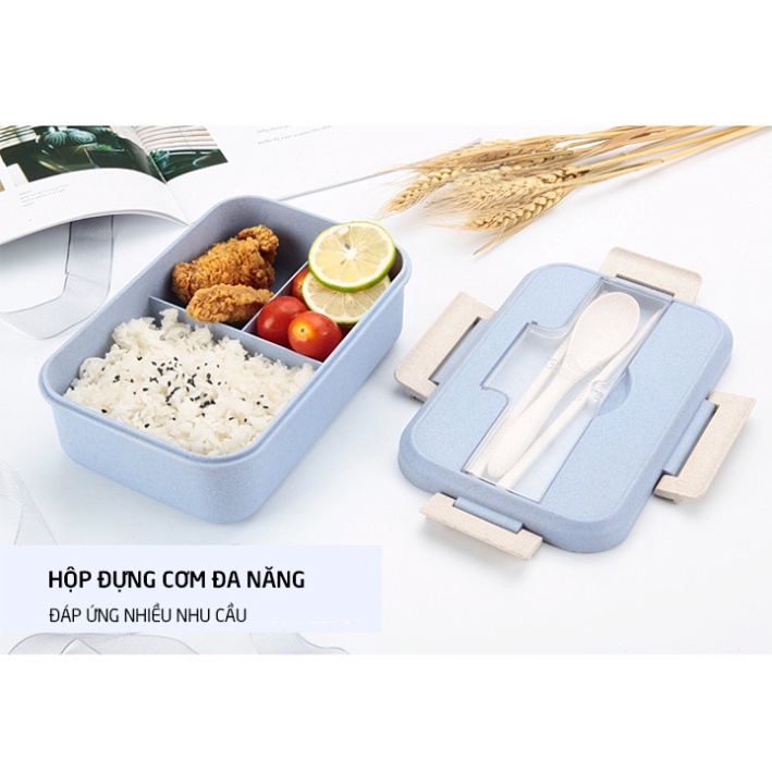 Hộp đựng cơm trưa văn phòng 3 ngăn, kèm đũa thìa, dùng cho lo vi sóng nhựa hữu cơ an toàn
