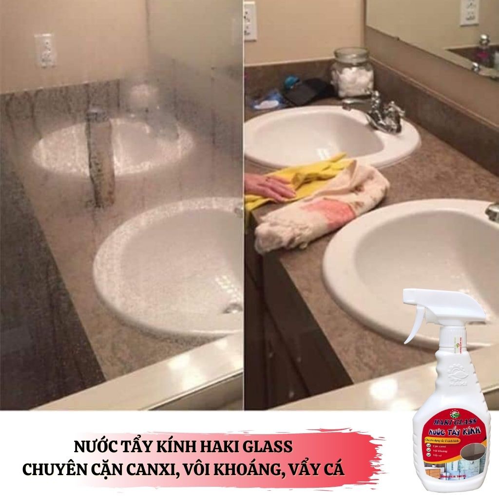 Nước tẩy kính [SIÊU SẠCH] Haki Glass vệ sinh kính nhà tắm sen vòi inox cáu cặn bởi cặn canxi, vôi khoáng vảy cá - 500ml