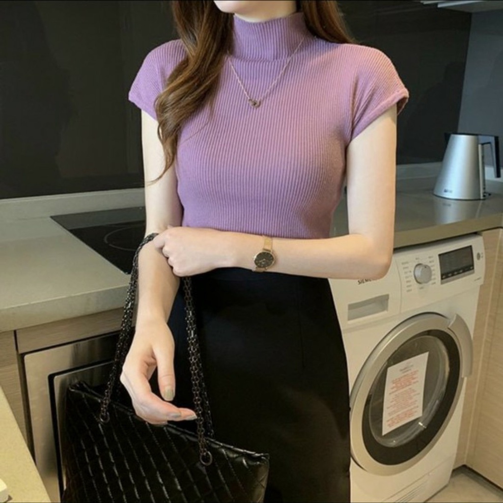 Áo thun gân cổ cao tay ngắn sát ôm body form lỡ MC