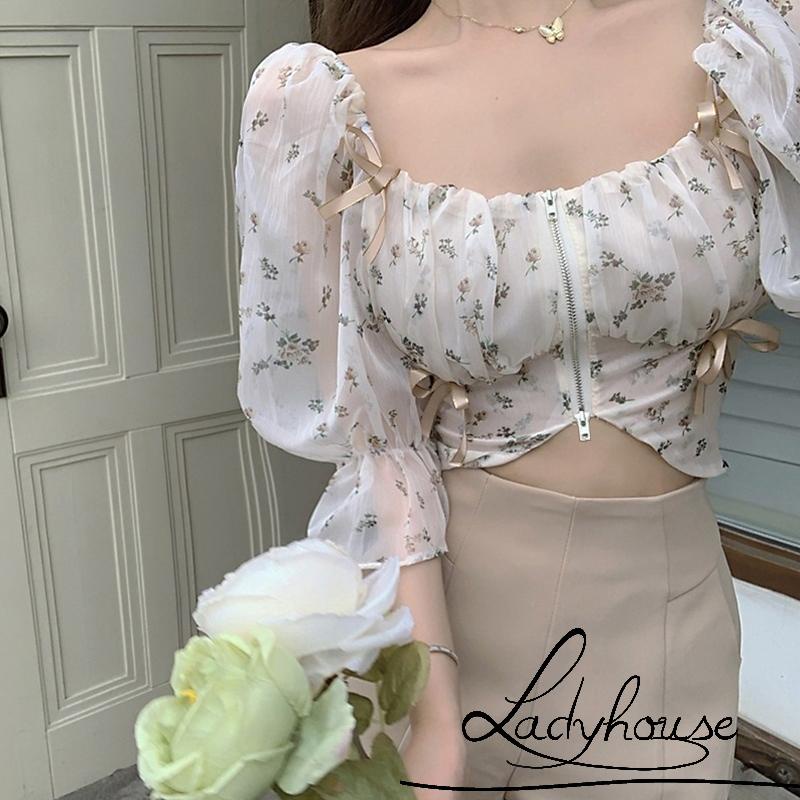Áo croptop cổ vuông tay phồng in họa tiết hoa có khóa kéo thời trang xuân hè cho nữ